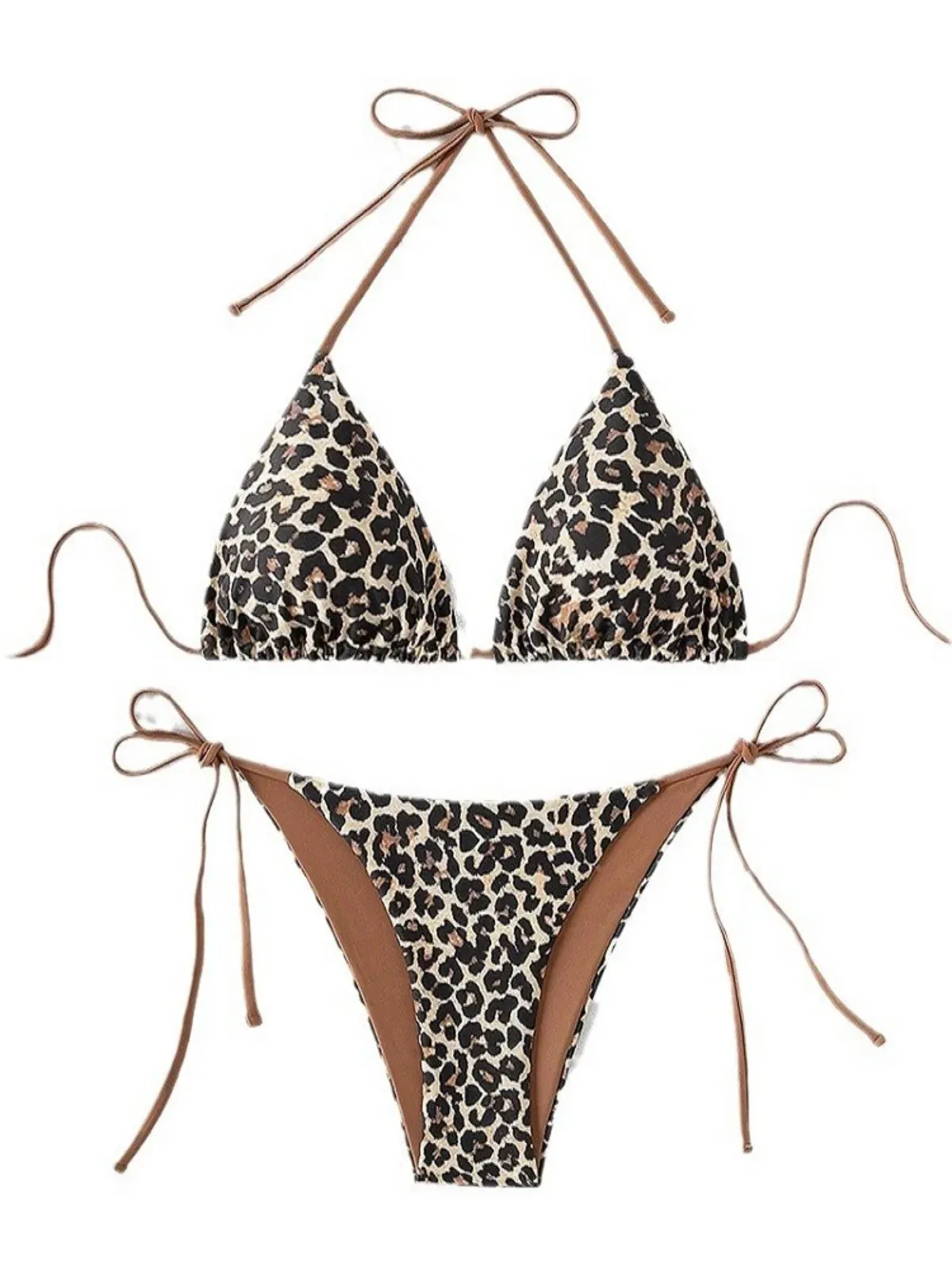 2024 Sexy Leopard Print Bikini Set - Triangle Bra Halter Backless Swimsuit with Lace-Up Details for Beach Vacations