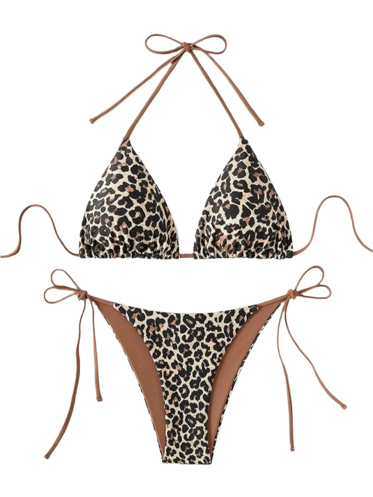 2024 Sexy Leopard Print Bikini Set - Triangle Bra Halter Backless Swimsuit with Lace-Up Details for Beach Vacations