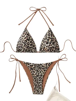 2024 Sexy Leopard Print Bikini Set - Triangle Bra Halter Backless Swimsuit with Lace-Up Details for Beach Vacations