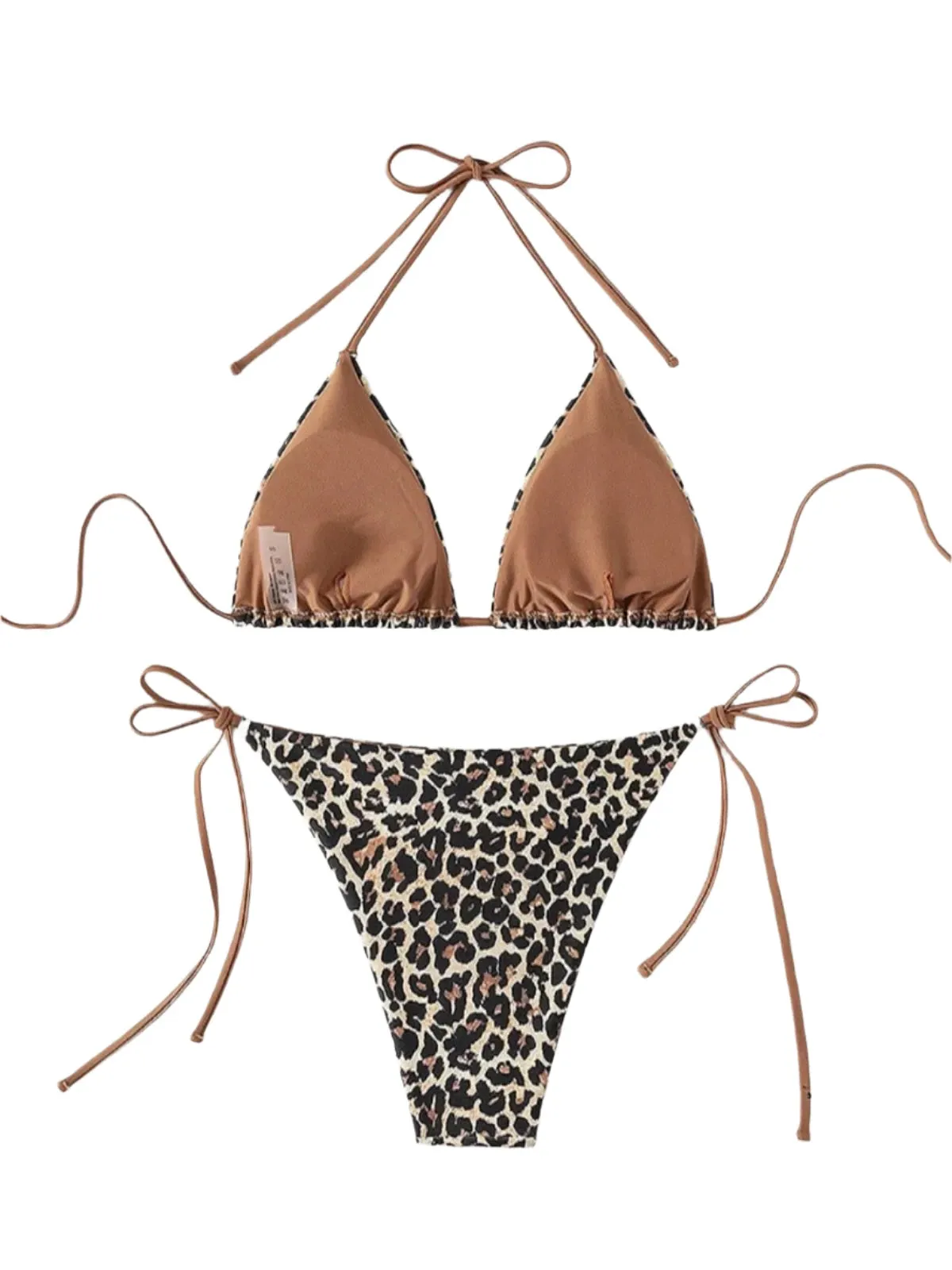 2024 Sexy Leopard Print Bikini Set - Triangle Bra Halter Backless Swimsuit with Lace-Up Details for Beach Vacations