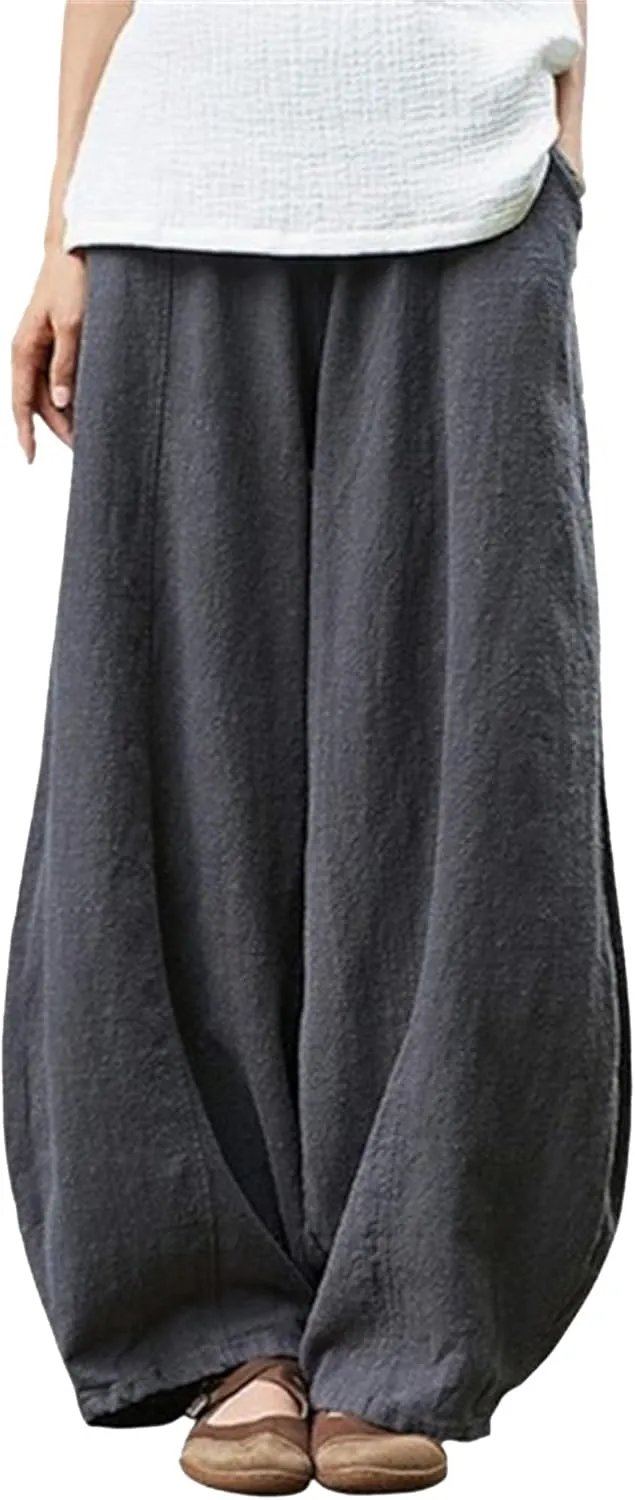 2025 Elastic Waist Bloomers Women's Linen Trousers Pockets Commuter Loose Pants Fashion Slim Casual Pants
