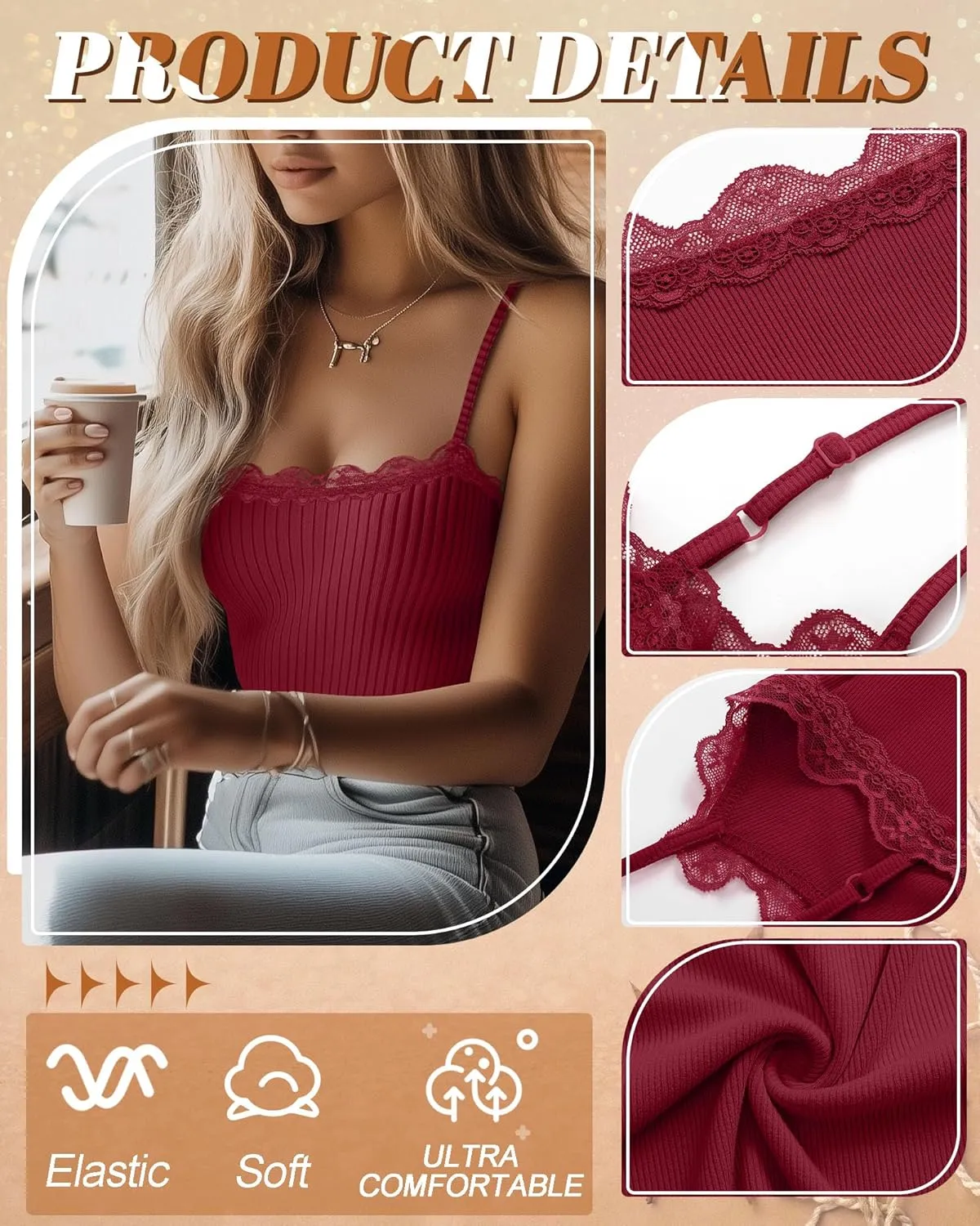 3 Pcs Women's Camisole Tank Tops Lace Trim Boat Neck Ribbed Adjustable Spaghetti Strap Y2K Slim Tight Cami Shirts