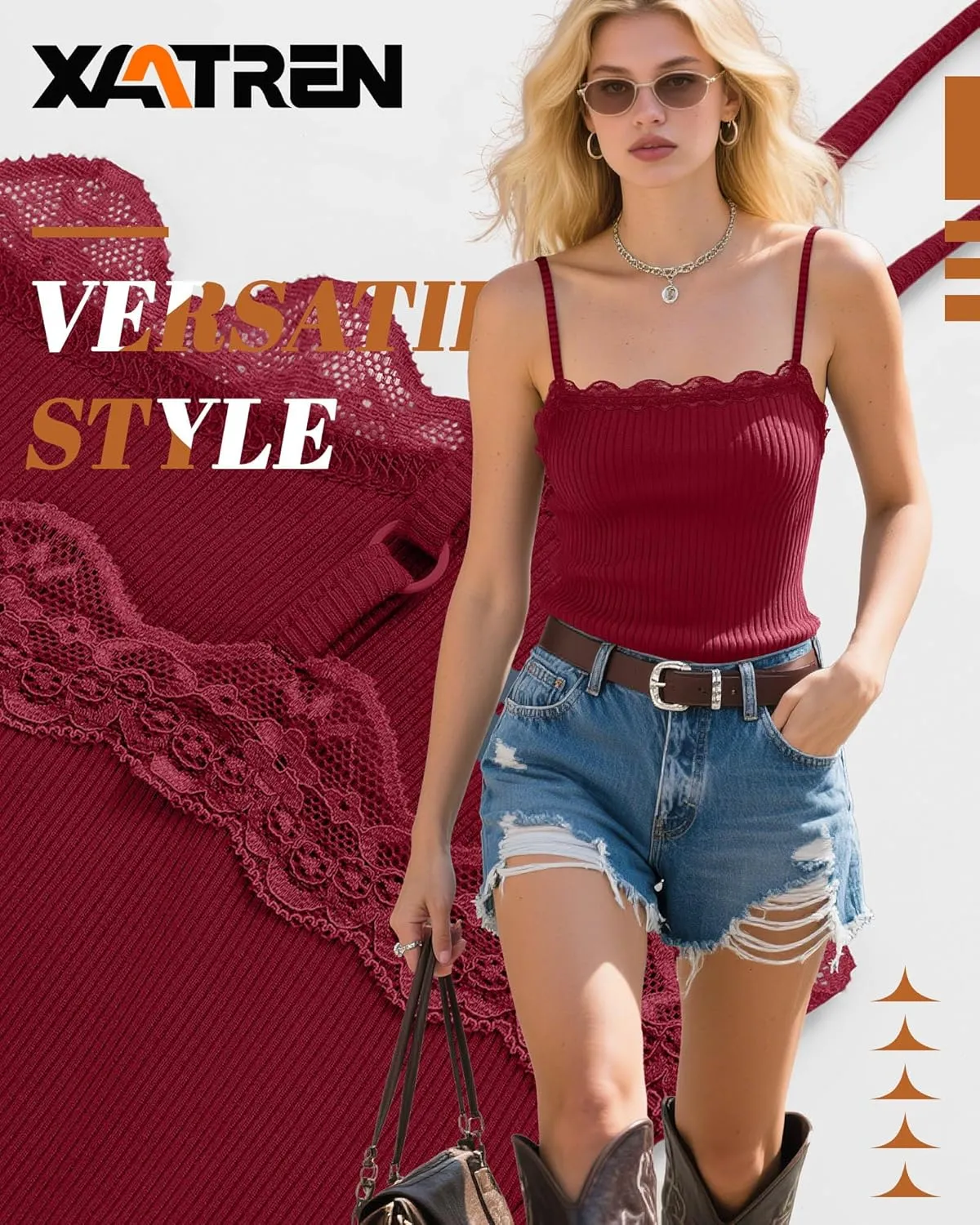 3 Pcs Women's Camisole Tank Tops Lace Trim Boat Neck Ribbed Adjustable Spaghetti Strap Y2K Slim Tight Cami Shirts
