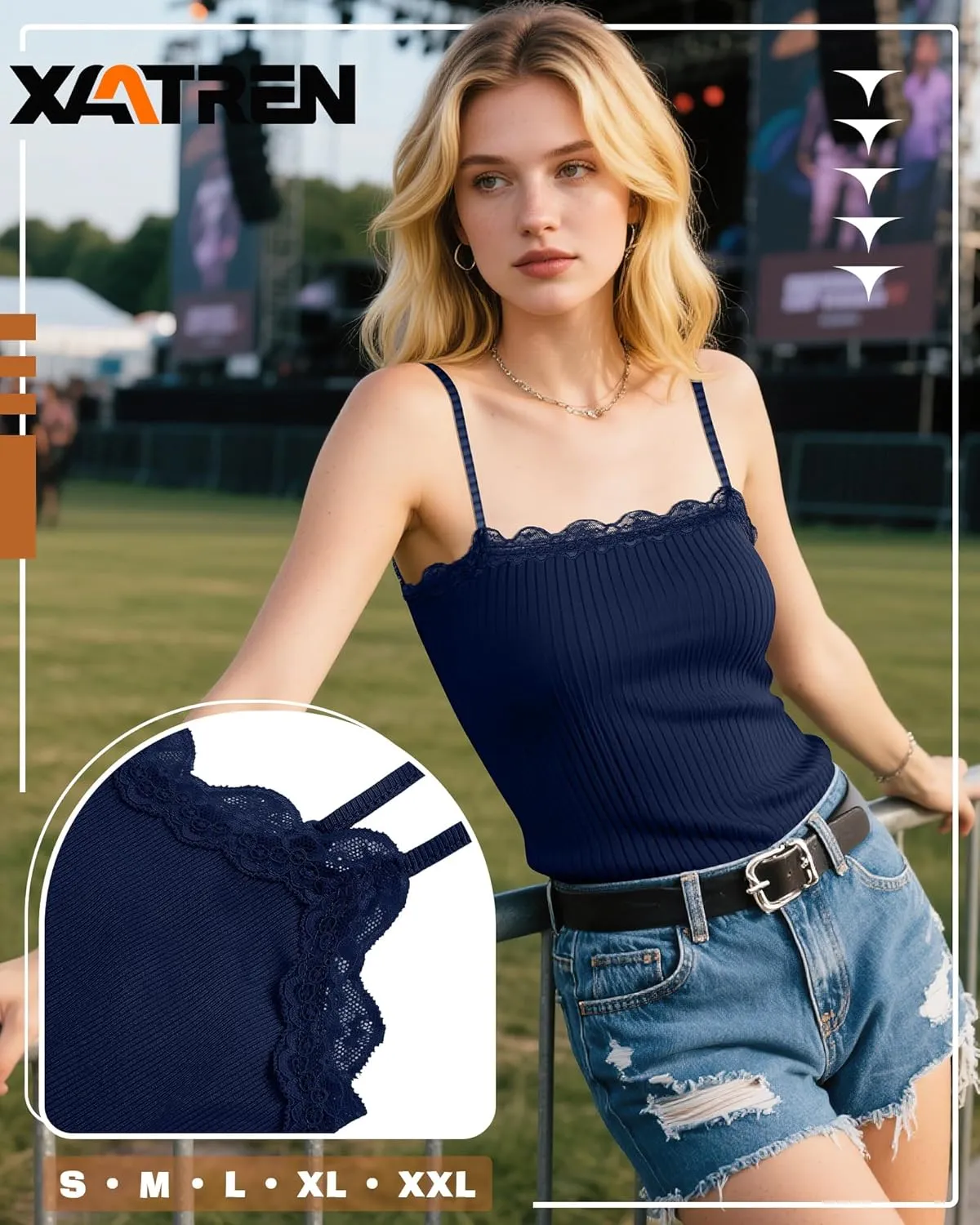 3 Pcs Women's Camisole Tank Tops Lace Trim Boat Neck Ribbed Adjustable Spaghetti Strap Y2K Slim Tight Cami Shirts