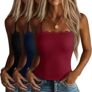 3 Pcs Women's Camisole Tank Tops Lace Trim Boat Neck Ribbed Adjustable Spaghetti Strap Y2K Slim Tight Cami Shirts