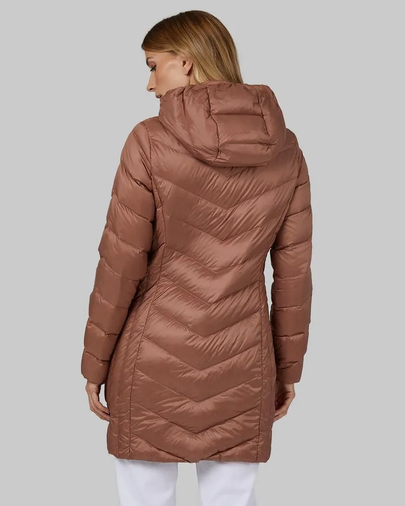 32 Degrees Heat Women's 3/4 Ultra-Light Down Packable Hooded Jacket| Slim Fit | Layering | Water Repellant