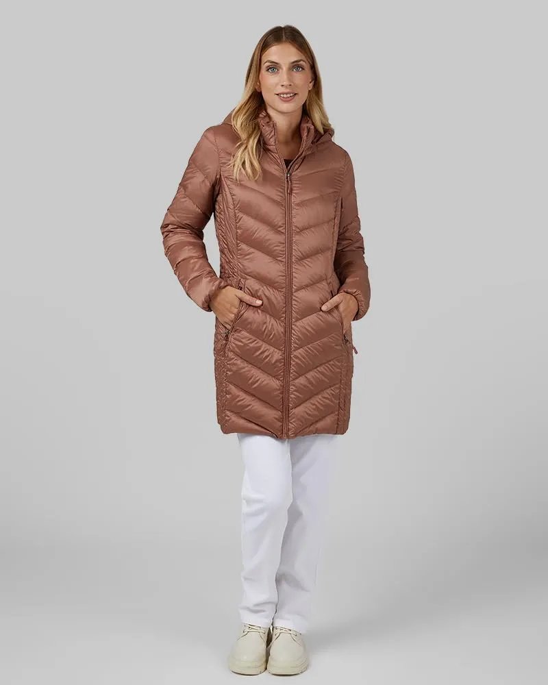 32 Degrees Heat Women's 3/4 Ultra-Light Down Packable Hooded Jacket| Slim Fit | Layering | Water Repellant