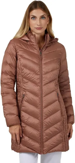 32 Degrees Heat Women's 3/4 Ultra-Light Down Packable Hooded Jacket| Slim Fit | Layering | Water Repellant