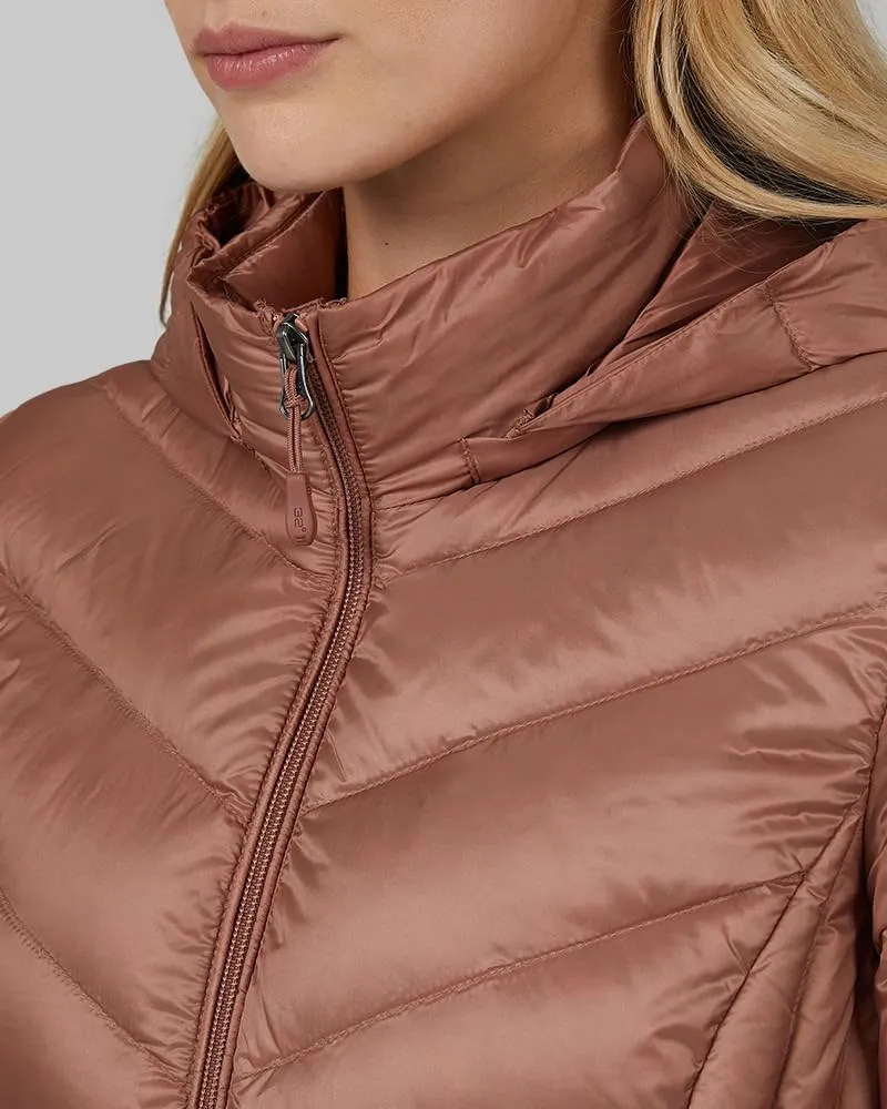32 Degrees Heat Women's 3/4 Ultra-Light Down Packable Hooded Jacket| Slim Fit | Layering | Water Repellant