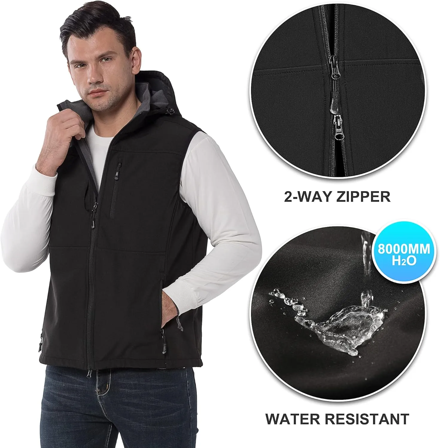 33,000ft Men's Lightweight Softshell Vest Hooded Outerwear Zip Up Fleece Lined Windproof Sleeveless Jacket for Golf Running