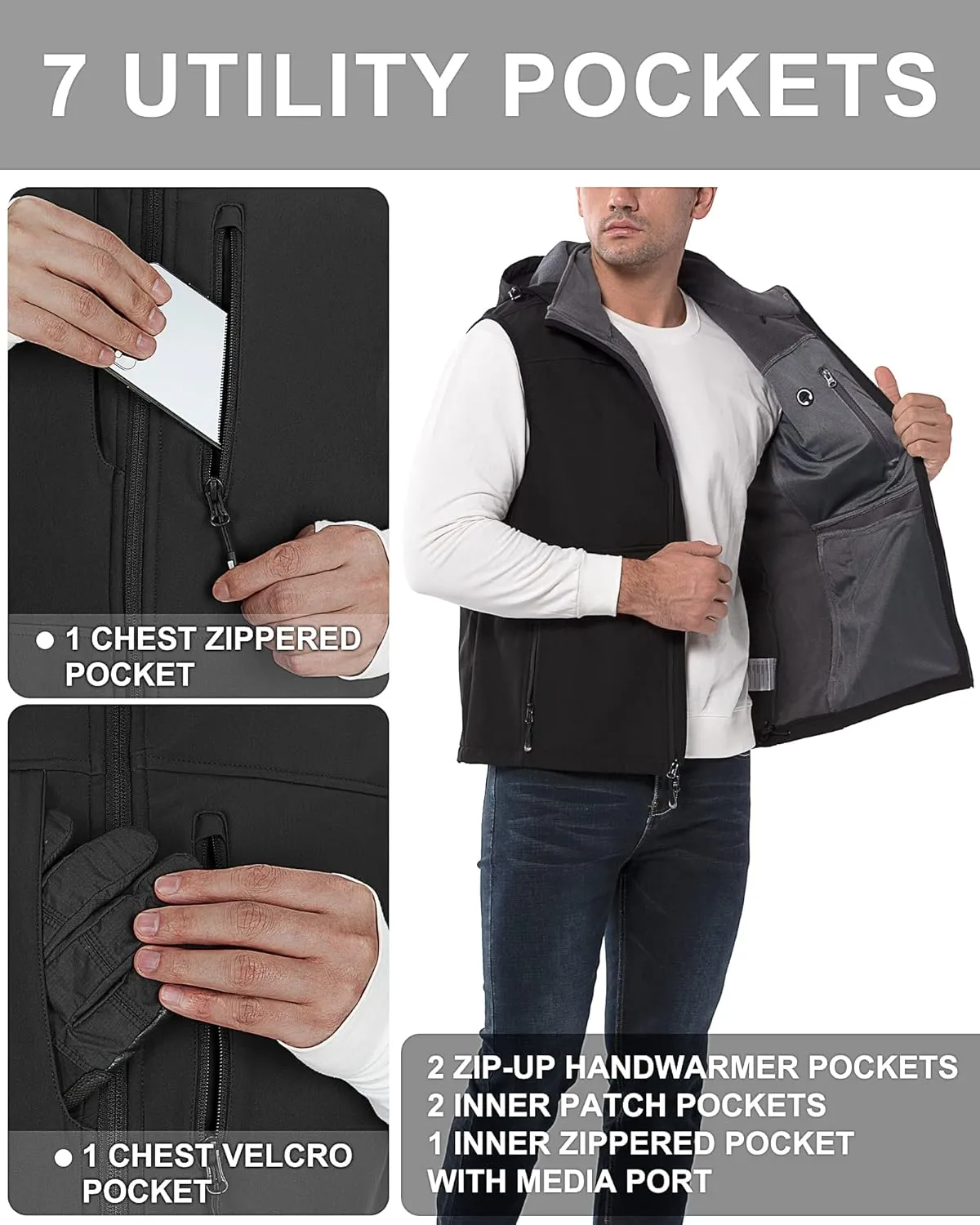 33,000ft Men's Lightweight Softshell Vest Hooded Outerwear Zip Up Fleece Lined Windproof Sleeveless Jacket for Golf Running