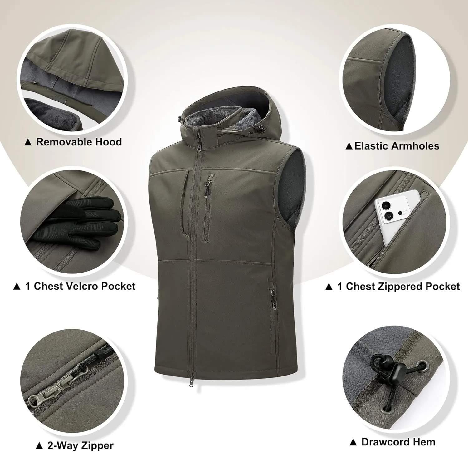 33,000ft Men's Lightweight Softshell Vest Hooded Outerwear Zip Up Fleece Lined Windproof Sleeveless Jacket for Golf Running