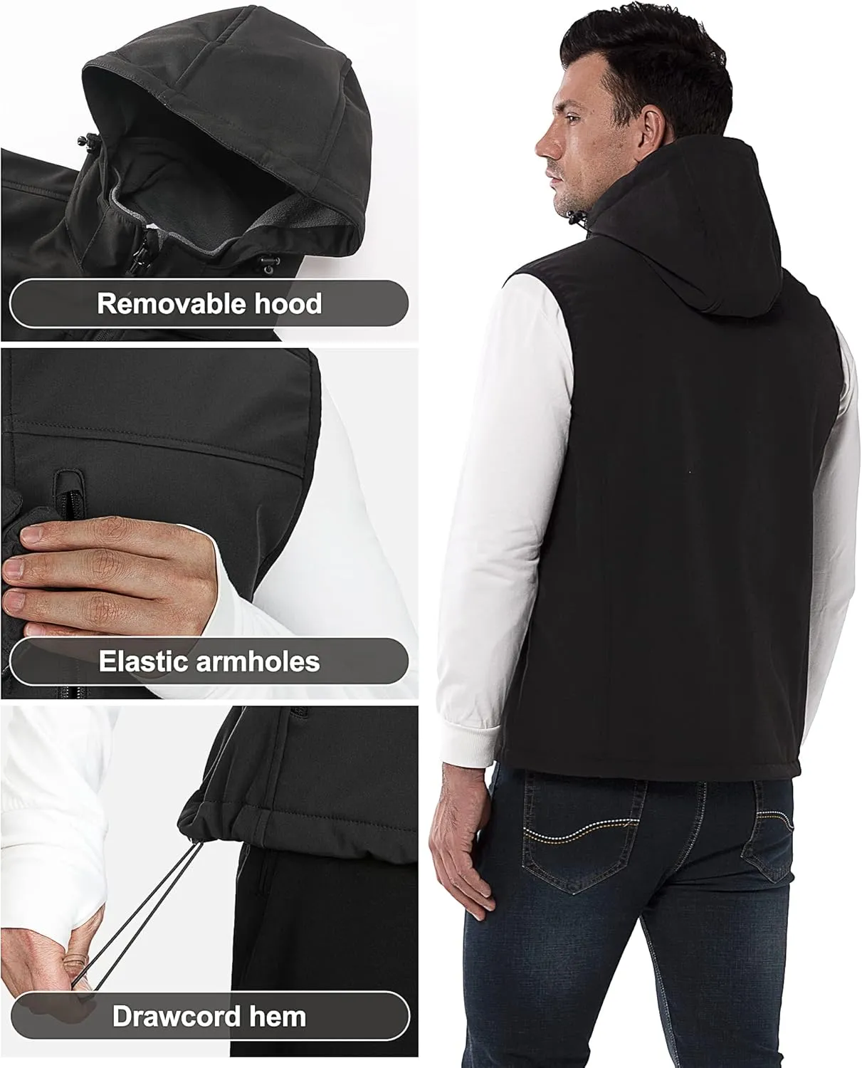 33,000ft Men's Lightweight Softshell Vest Hooded Outerwear Zip Up Fleece Lined Windproof Sleeveless Jacket for Golf Running