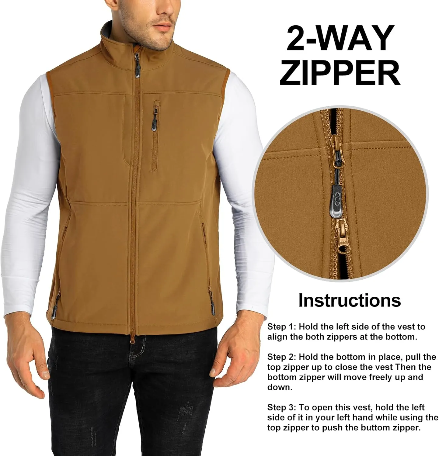33,000ft Men's Lightweight Softshell Vest Outerwear Zip Up Fleece Lined Windproof Sleeveless Jacket for Golf Running Hiking