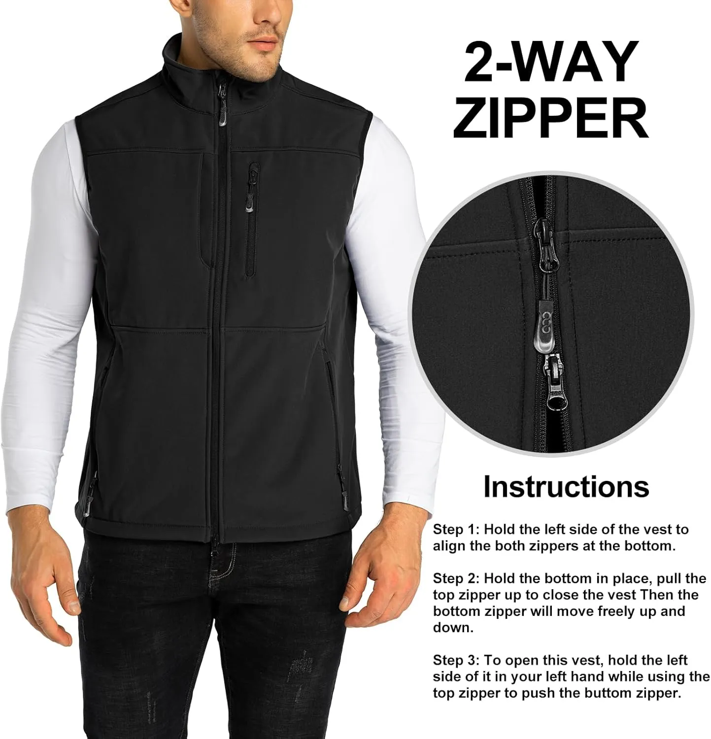 33,000ft Men's Lightweight Softshell Vest Outerwear Zip Up Fleece Lined Windproof Sleeveless Jacket for Golf Running Hiking