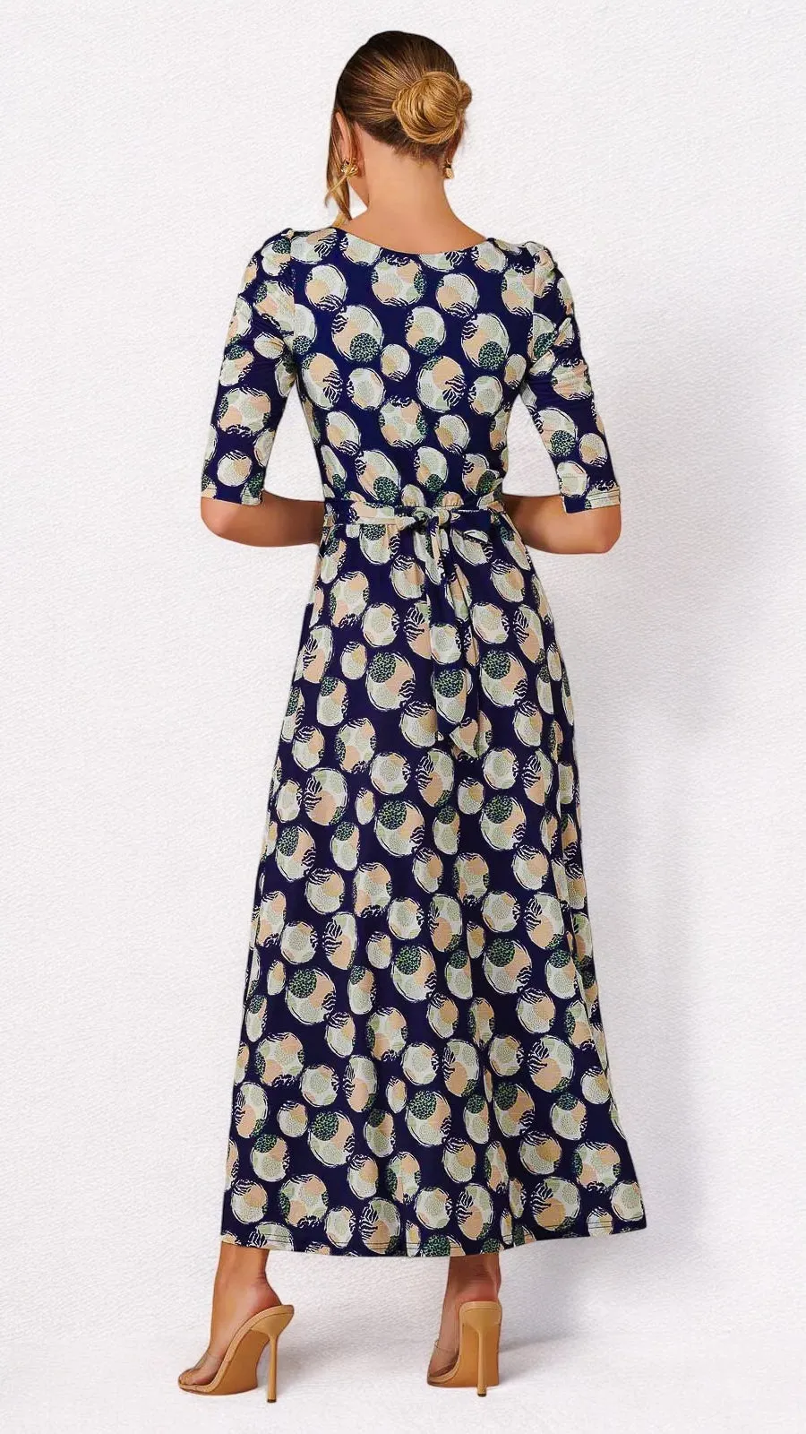 5-A2193 Enya Navy/Beige Circles Midi Dress