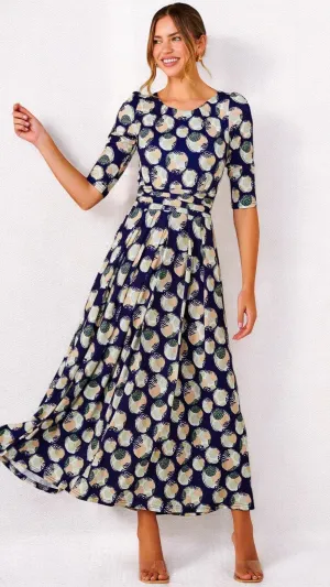 5-A2193 Enya Navy/Beige Circles Midi Dress