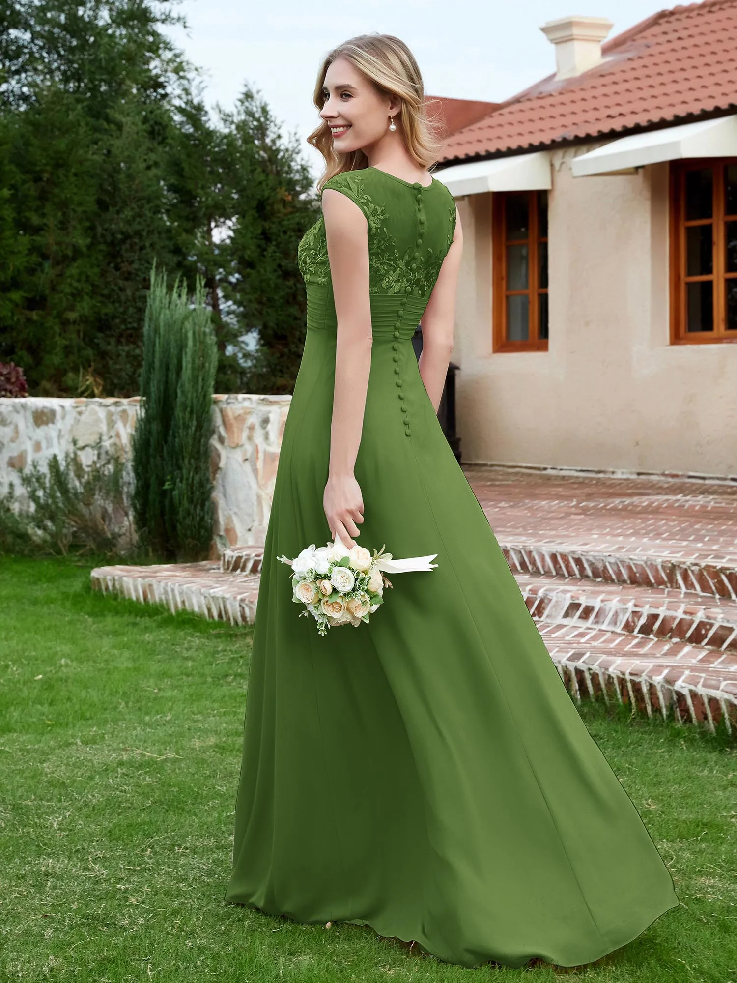 A-Line Chiffon Dress with Illusion Neckline Moss Plus Size