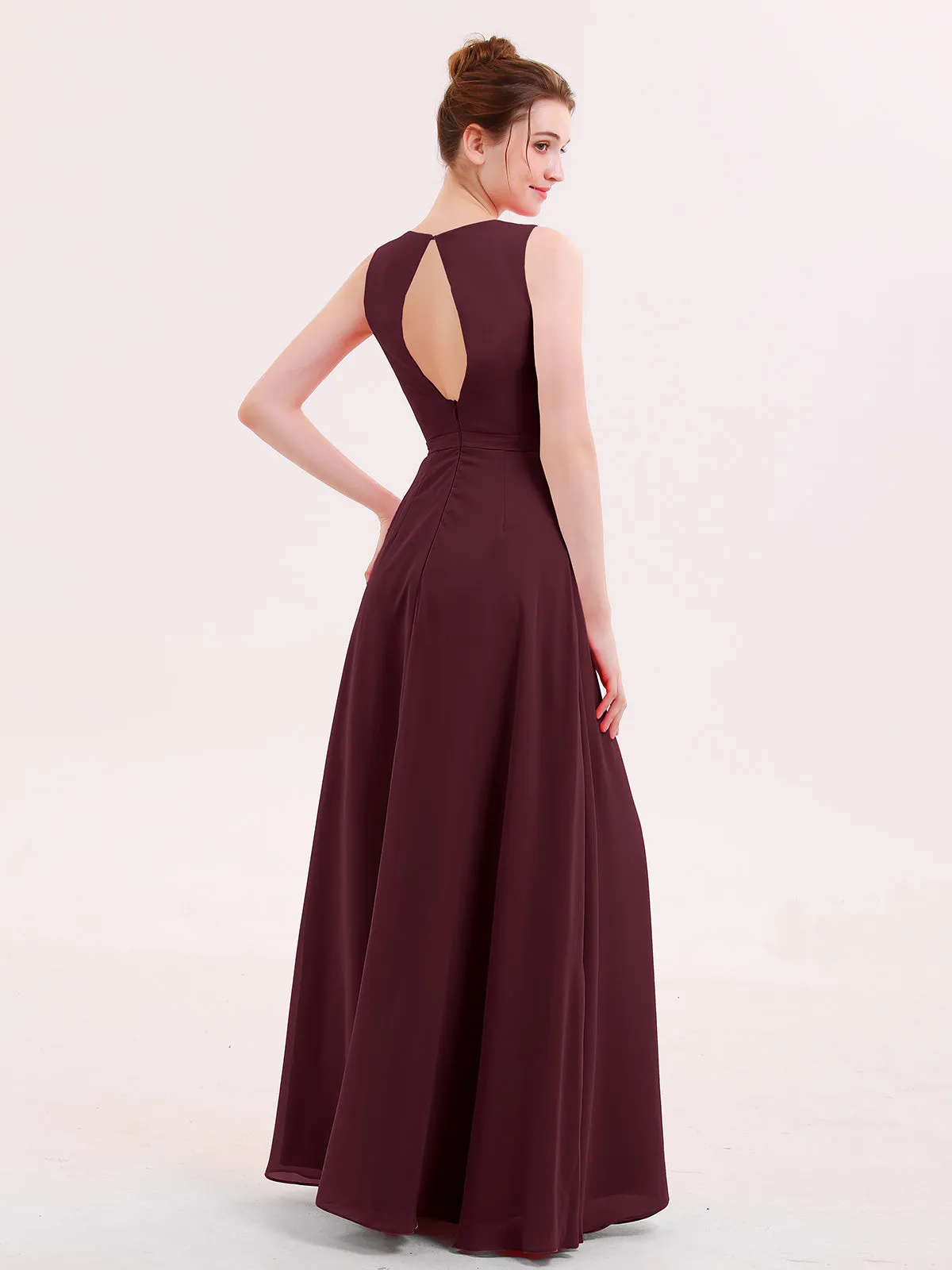 A-line Chiffon Open Back Dress With V-Neck Cabernet
