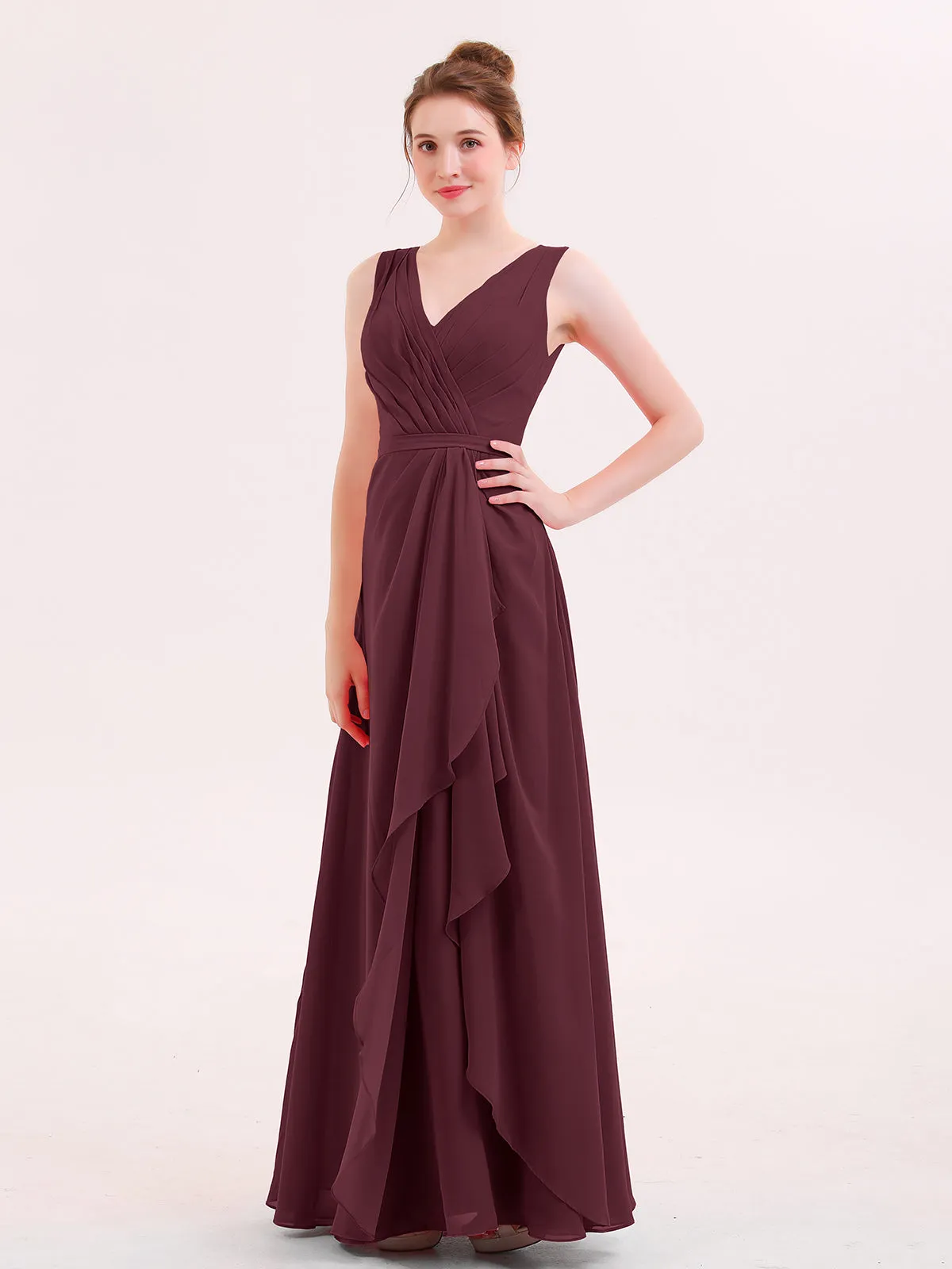 A-line Chiffon Open Back Dress With V-Neck Cabernet