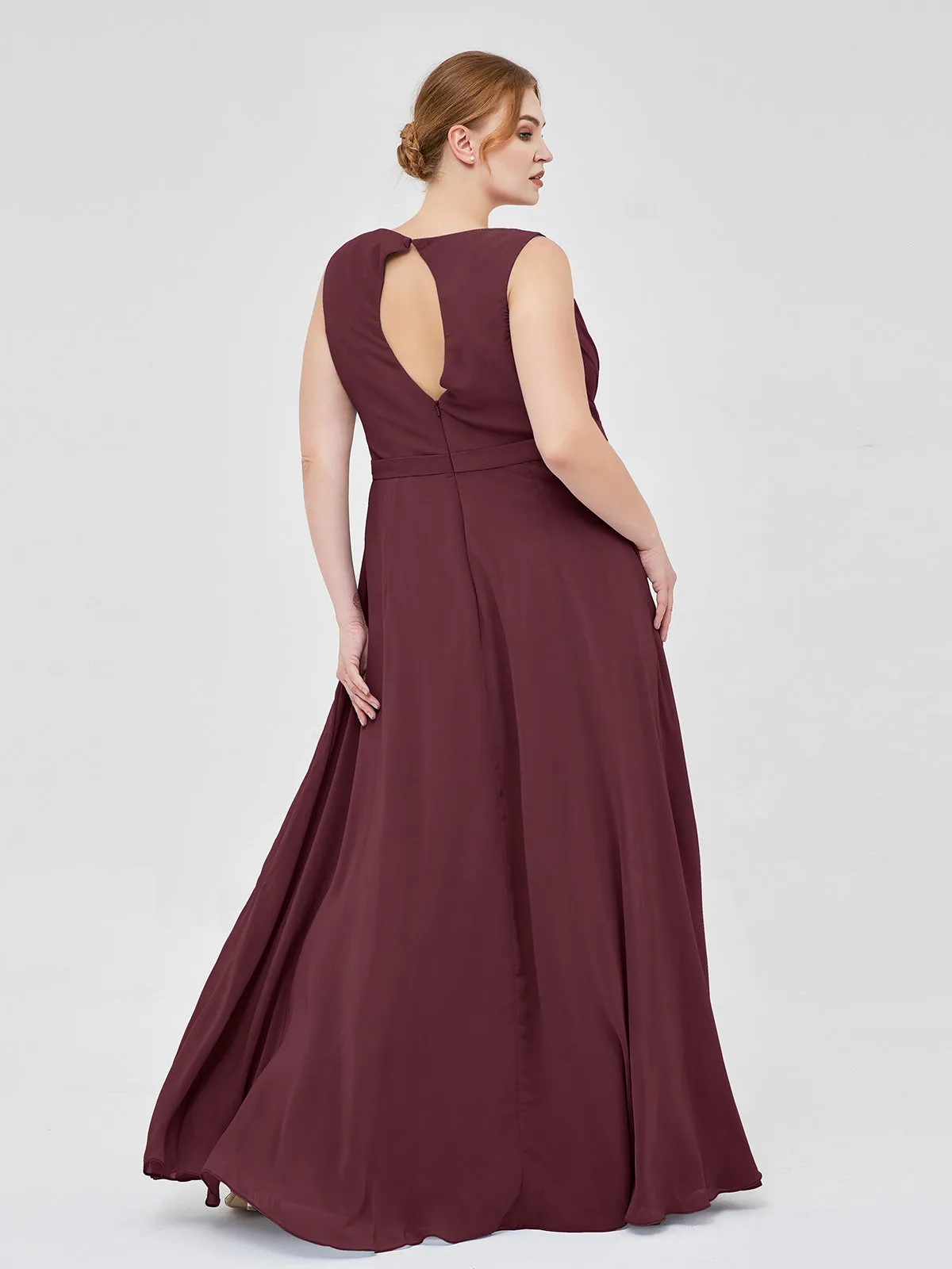 A-line Chiffon Open Back Dress With V-Neck Cabernet