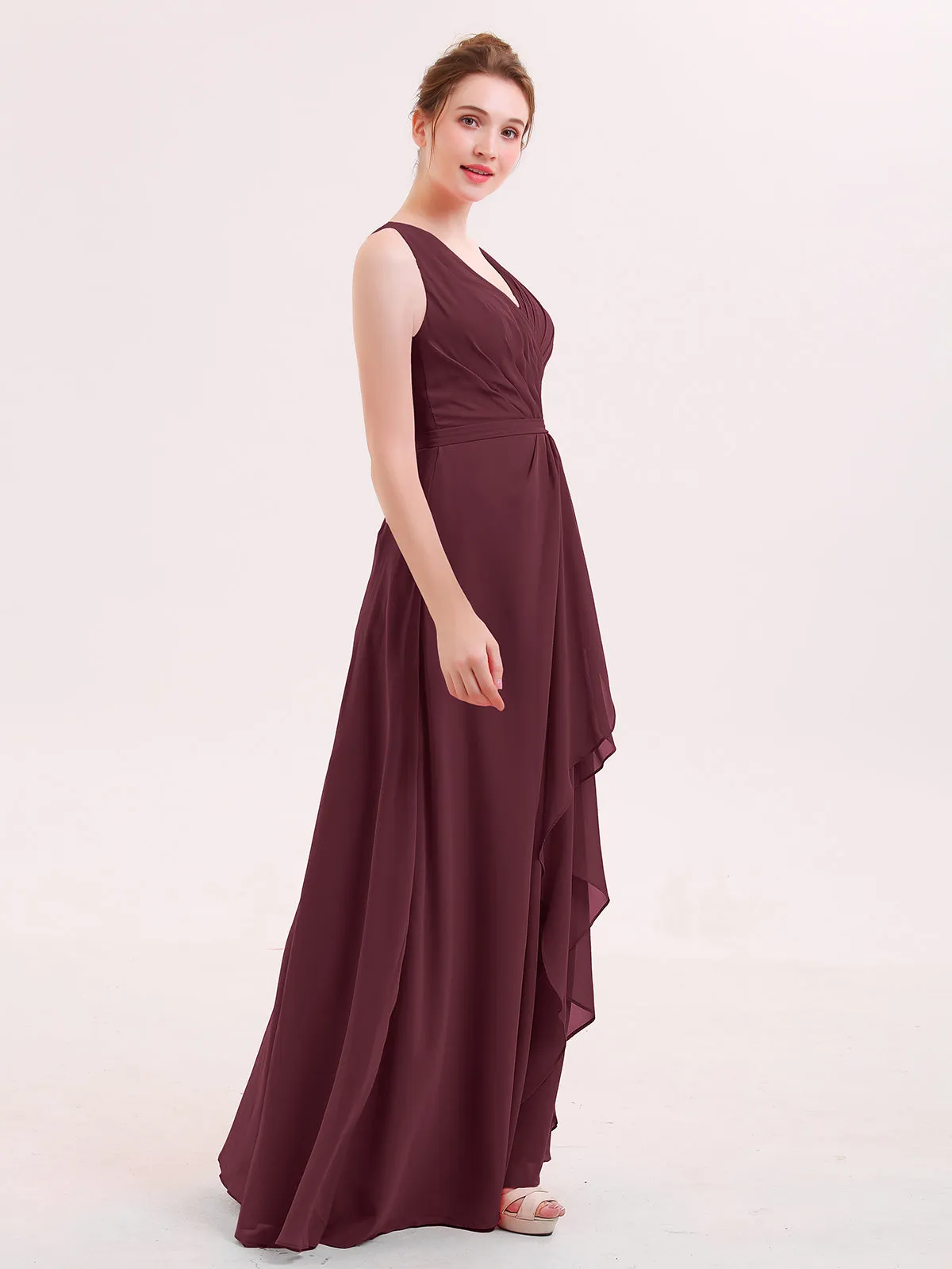A-line Chiffon Open Back Dress With V-Neck Cabernet