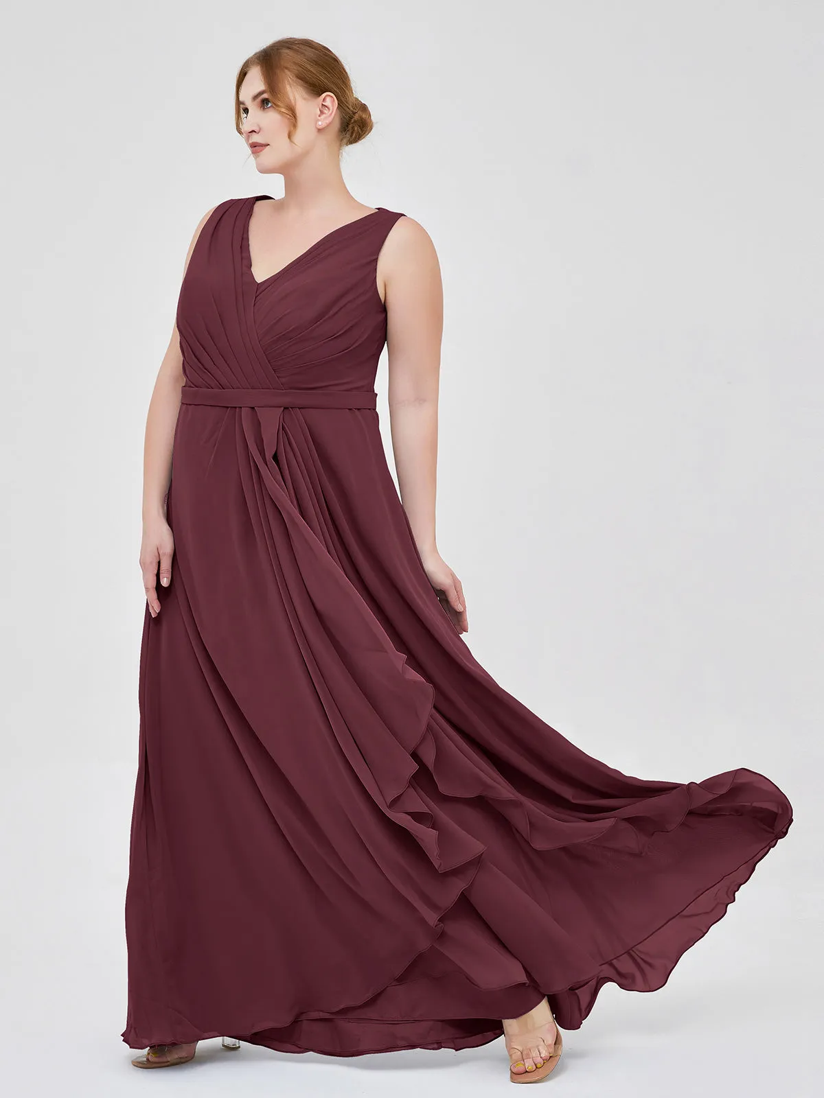 A-line Chiffon Open Back Dress With V-Neck Cabernet