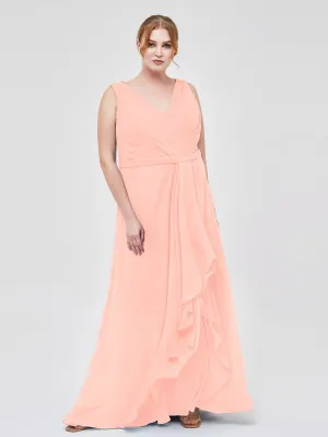 A-line Chiffon Open Back Dress With V-Neck Coral