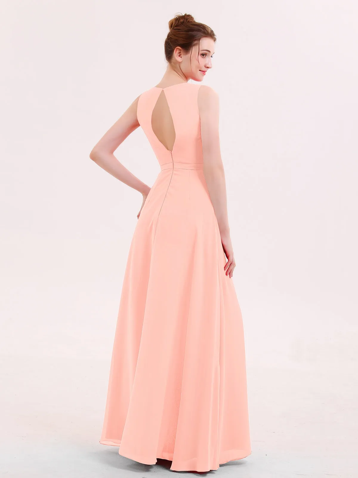 A-line Chiffon Open Back Dress With V-Neck Coral