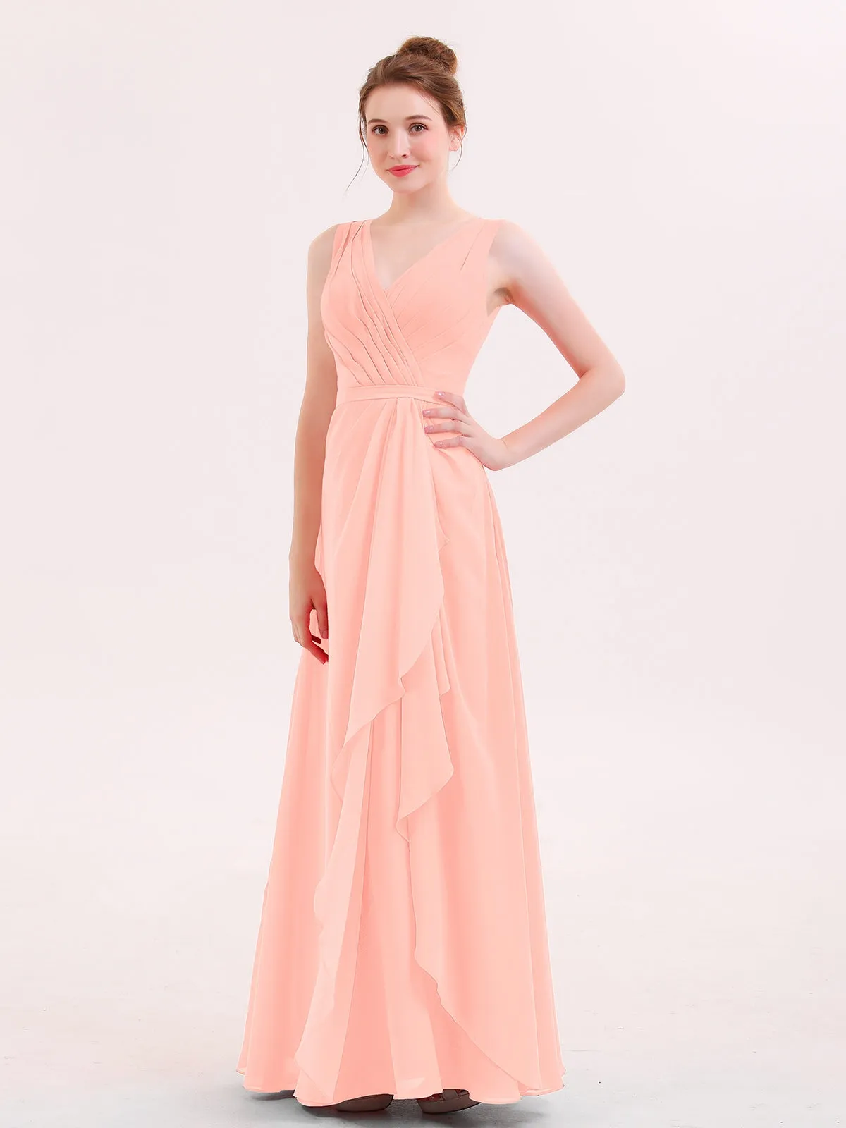 A-line Chiffon Open Back Dress With V-Neck Coral