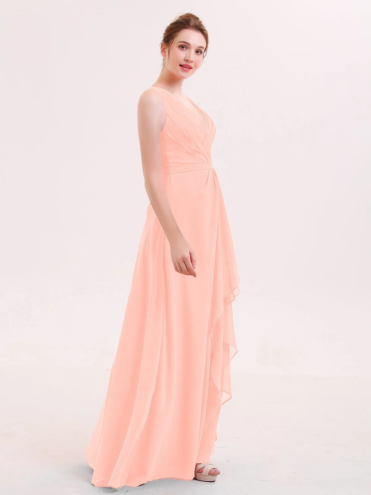 A-line Chiffon Open Back Dress With V-Neck Coral