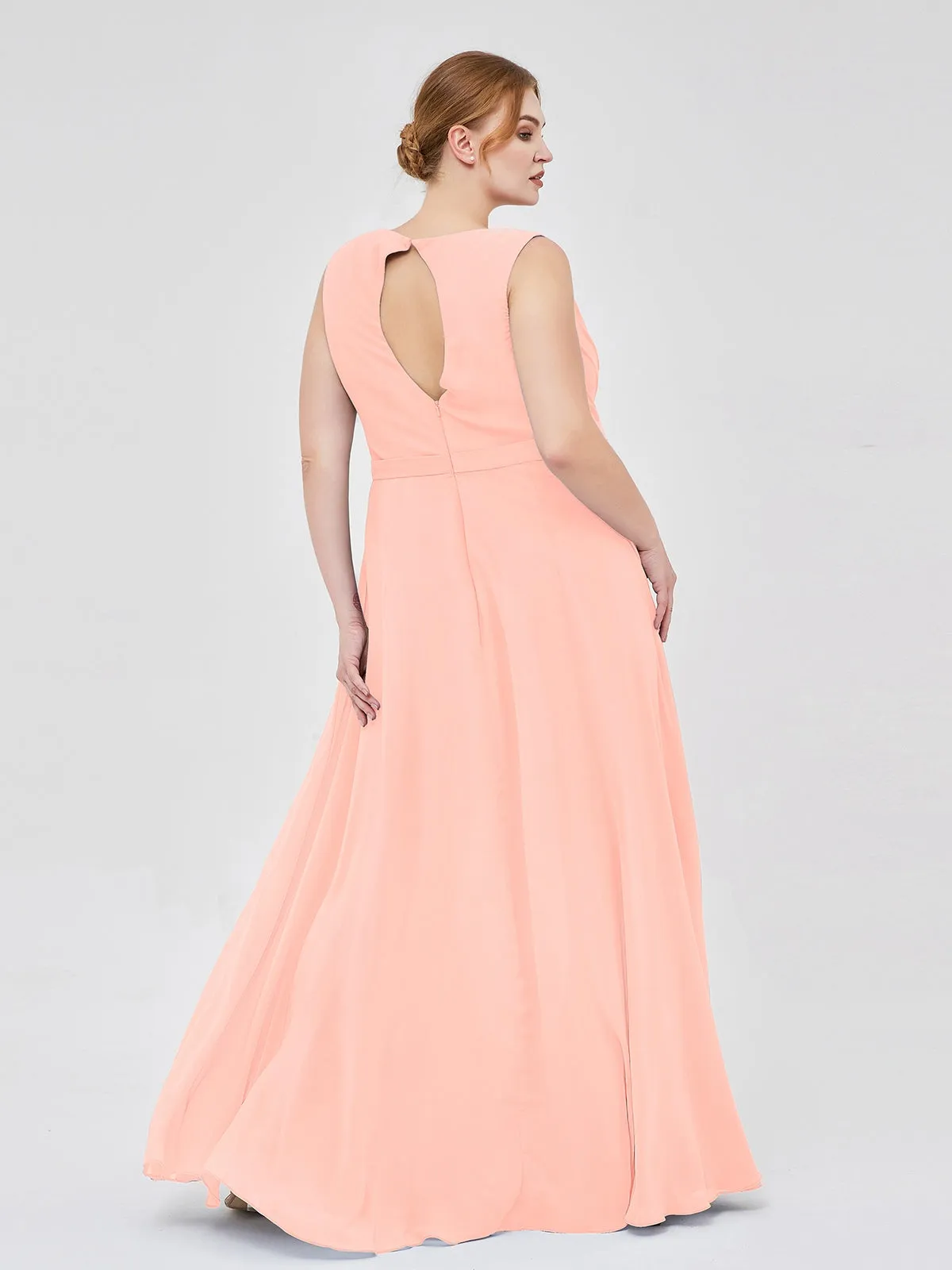 A-line Chiffon Open Back Dress With V-Neck Coral