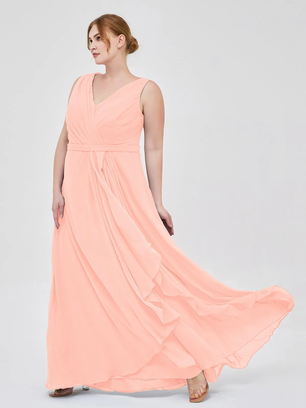 A-line Chiffon Open Back Dress With V-Neck Coral