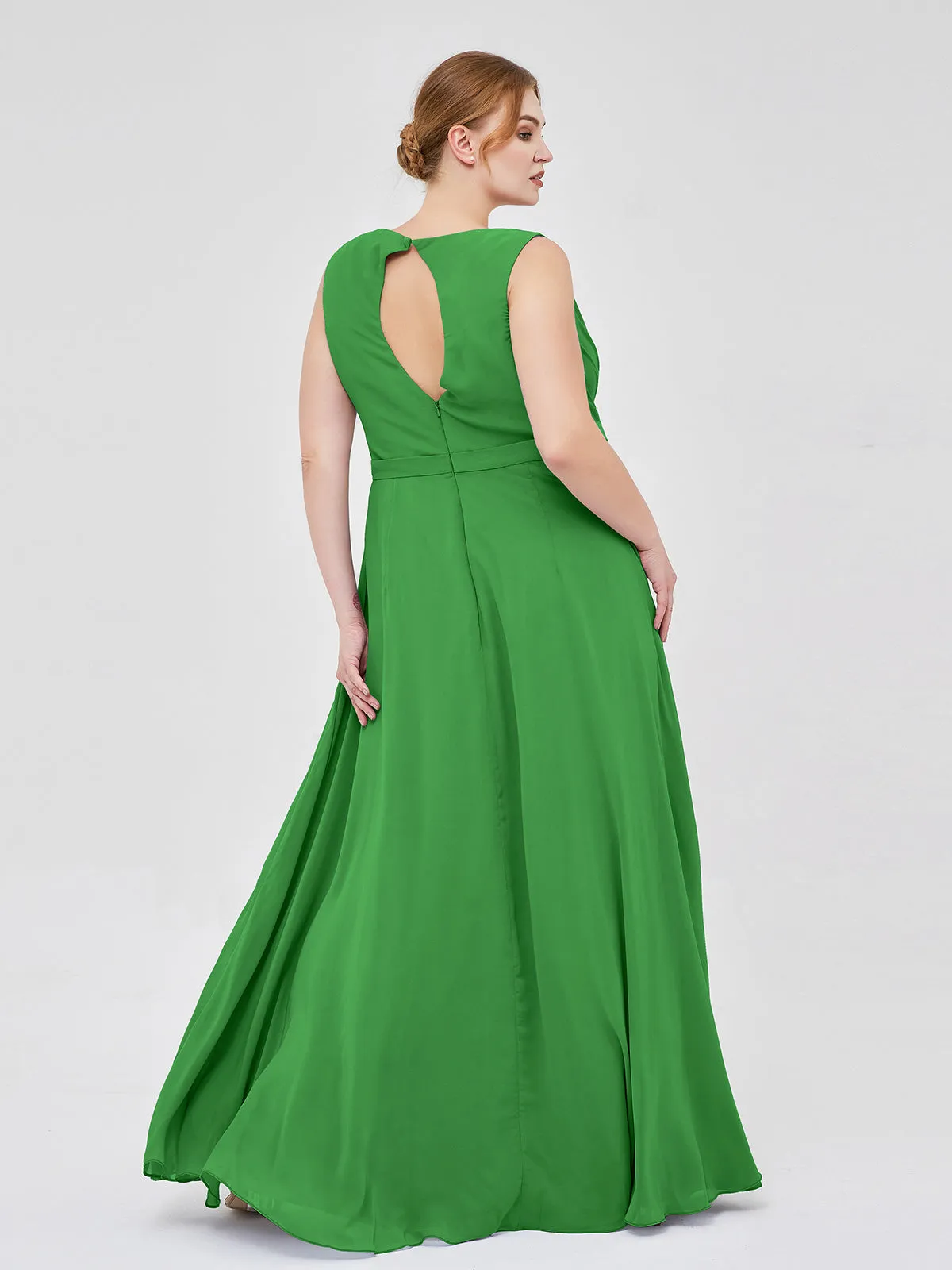 A-line Chiffon Open Back Dress With V-Neck Green Plus Size
