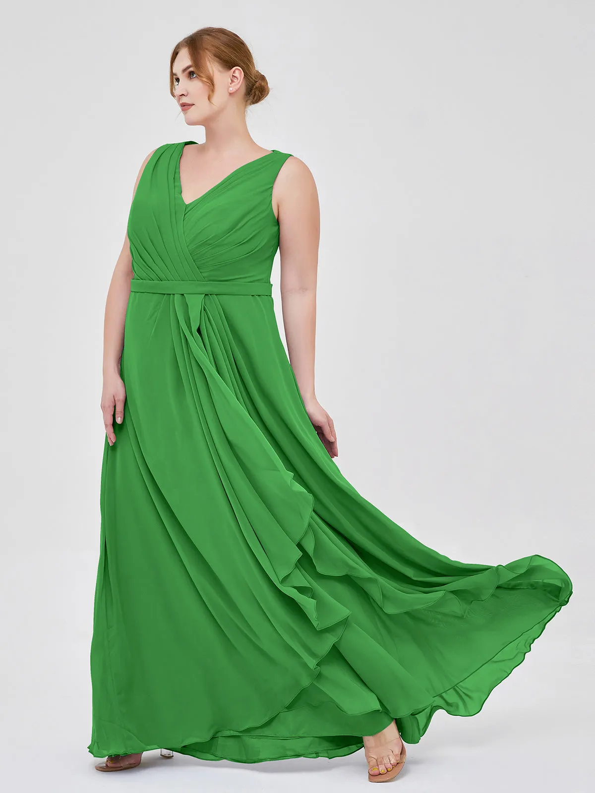 A-line Chiffon Open Back Dress With V-Neck Green Plus Size