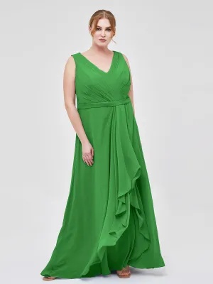 A-line Chiffon Open Back Dress With V-Neck Green Plus Size
