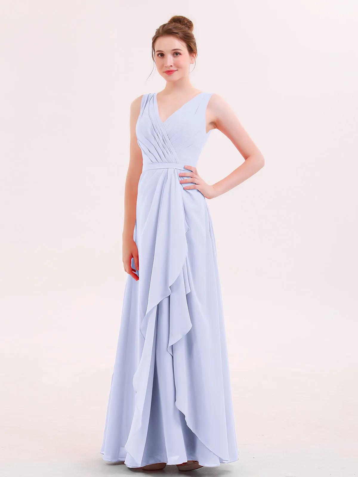 A-line Chiffon Open Back Dress With V-Neck Lavender