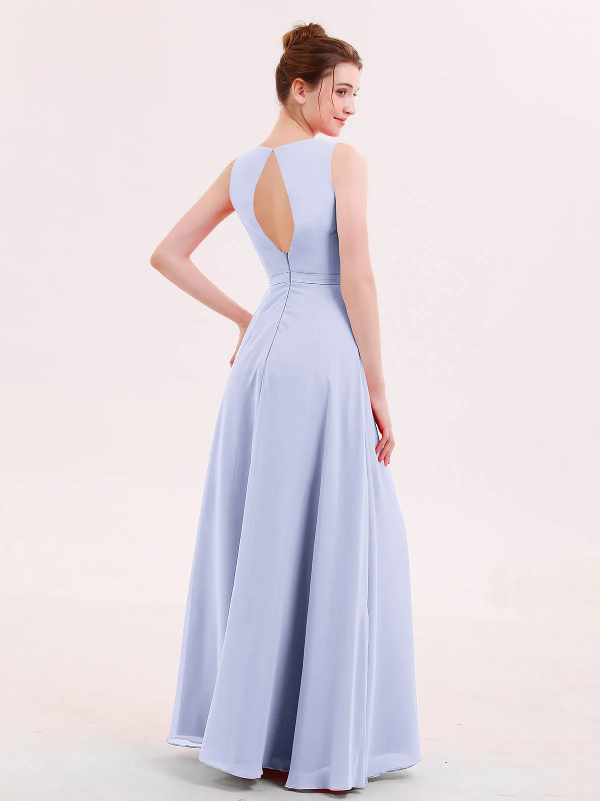 A-line Chiffon Open Back Dress With V-Neck Lavender