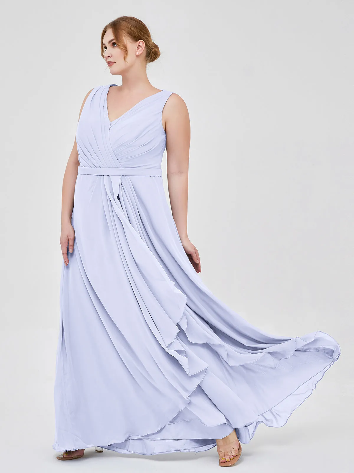A-line Chiffon Open Back Dress With V-Neck Lavender
