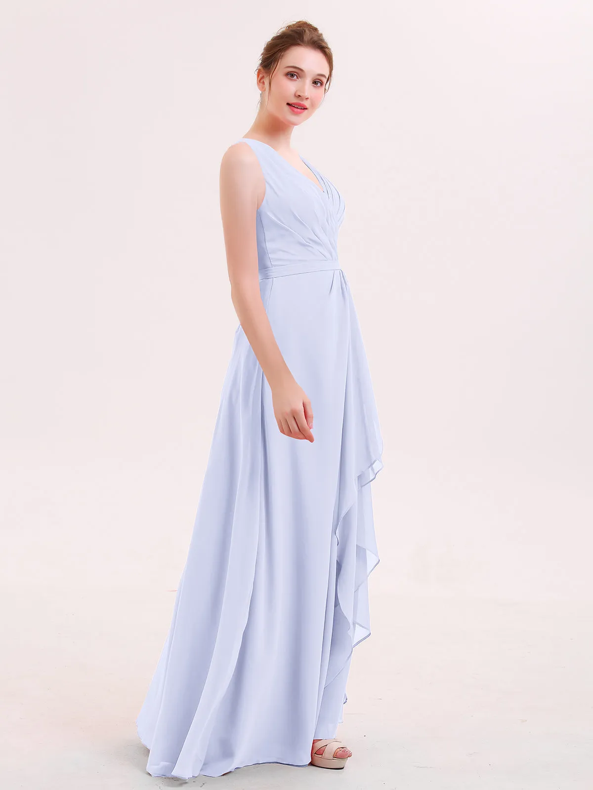 A-line Chiffon Open Back Dress With V-Neck Lavender