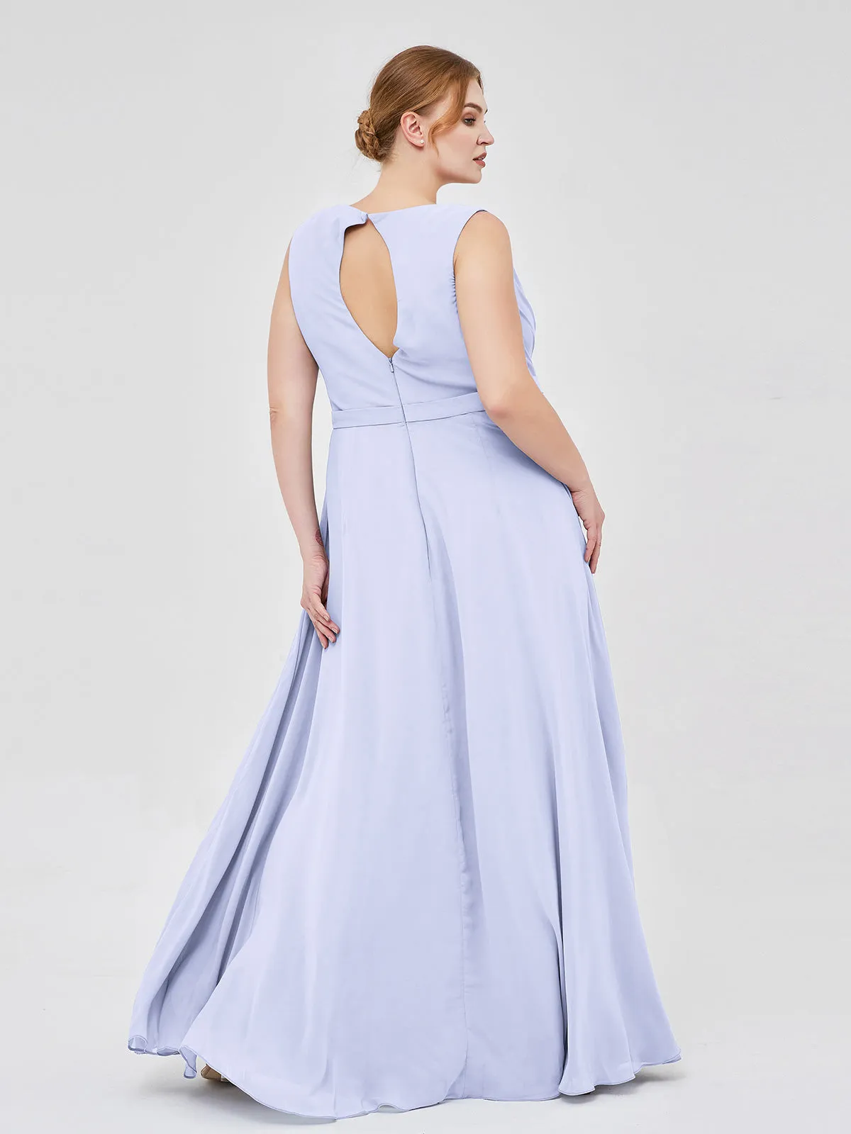 A-line Chiffon Open Back Dress With V-Neck Lavender