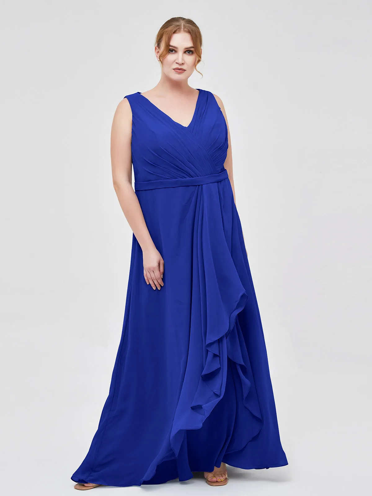 A-line Chiffon Open Back Dress With V-Neck Royal Blue Plus Size