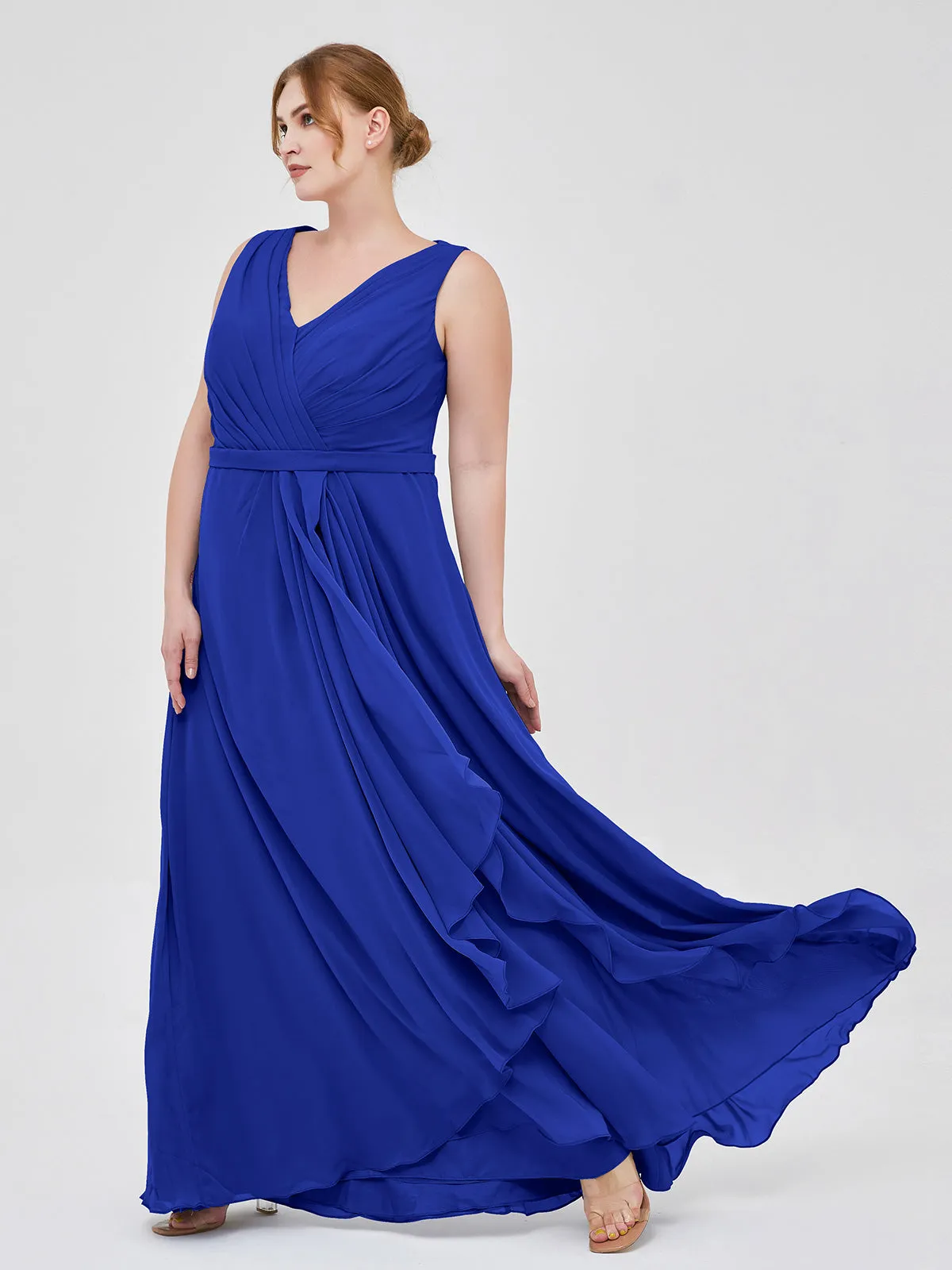 A-line Chiffon Open Back Dress With V-Neck Royal Blue Plus Size