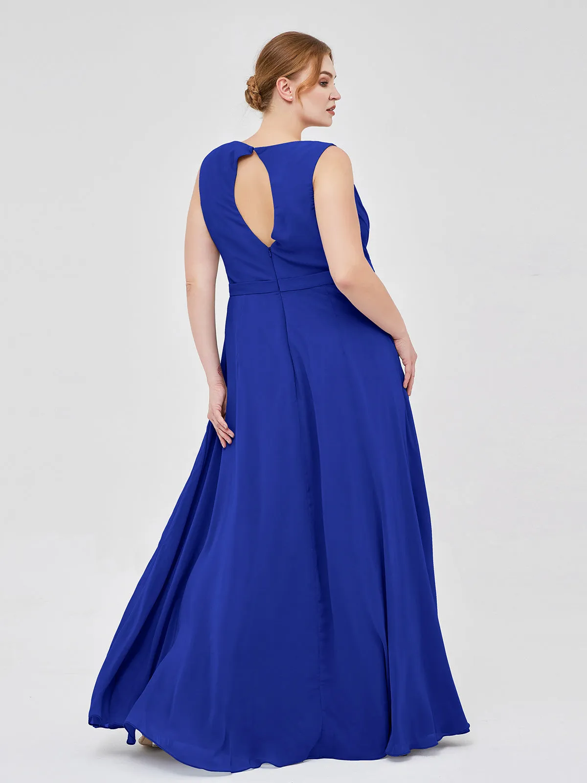 A-line Chiffon Open Back Dress With V-Neck Royal Blue Plus Size
