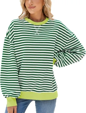 ABOCIW Womens Striped Oversized Sweatshirt Color Block Long Sleeve Crewneck Pullover Top Y2K Shirt