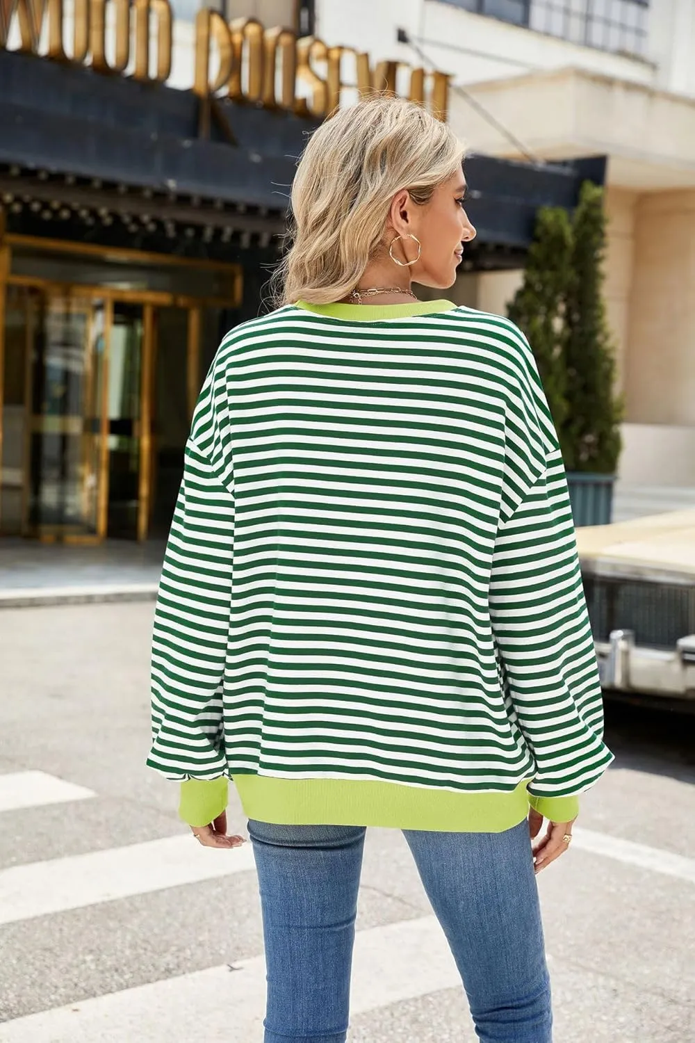 ABOCIW Womens Striped Oversized Sweatshirt Color Block Long Sleeve Crewneck Pullover Top Y2K Shirt