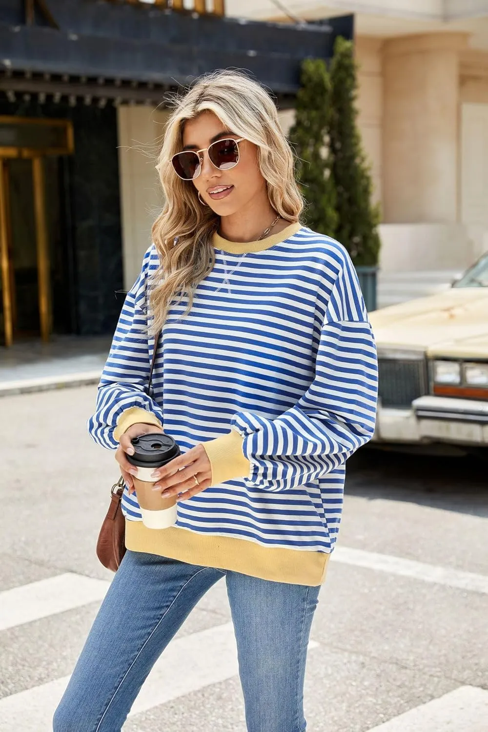ABOCIW Womens Striped Oversized Sweatshirt Color Block Long Sleeve Crewneck Pullover Top Y2K Shirt