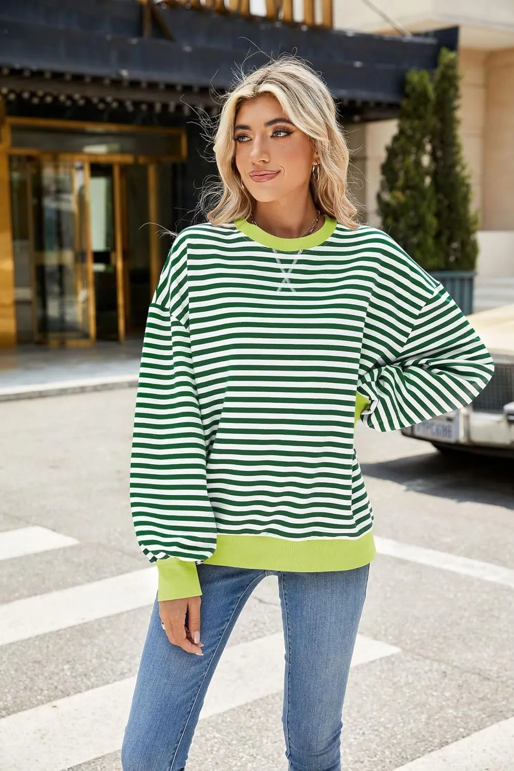 ABOCIW Womens Striped Oversized Sweatshirt Color Block Long Sleeve Crewneck Pullover Top Y2K Shirt