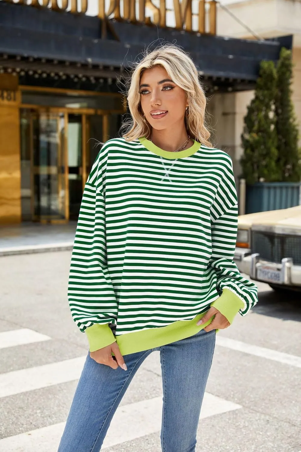 ABOCIW Womens Striped Oversized Sweatshirt Color Block Long Sleeve Crewneck Pullover Top Y2K Shirt