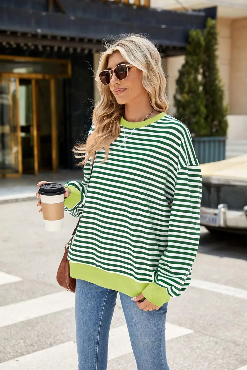 ABOCIW Womens Striped Oversized Sweatshirt Color Block Long Sleeve Crewneck Pullover Top Y2K Shirt